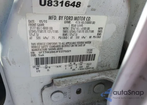 2015 Ford F-250 Xl из США, поврежденный, VIN 1FT7W2B63FED70221